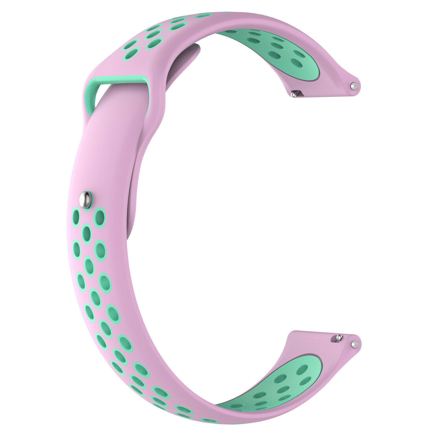 Ein rosa und grünes Armband. Es hat eine C-Form mit grünen Löchern und Akzenten. Es ist auf weißem Hintergrund.