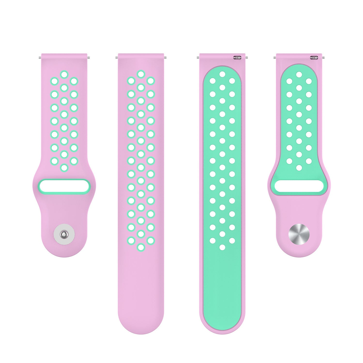 Vier rosa-grüne Armbänder. Jedes hat eine rosa Basis mit grünen Akzenten und Löchern. Der Hintergrund ist weiß.