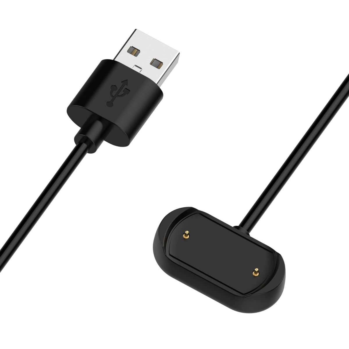 Schwarzes USB-Ladekabel mit USB-Anschluss und Ladestation. Der Hintergrund ist weiß.