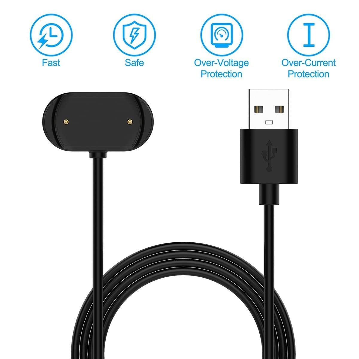 Schwarzes Smartwatch-Ladegerät mit USB. Symbole für schnell, sicher, Überspannungs- und Überstromschutz sind oben.