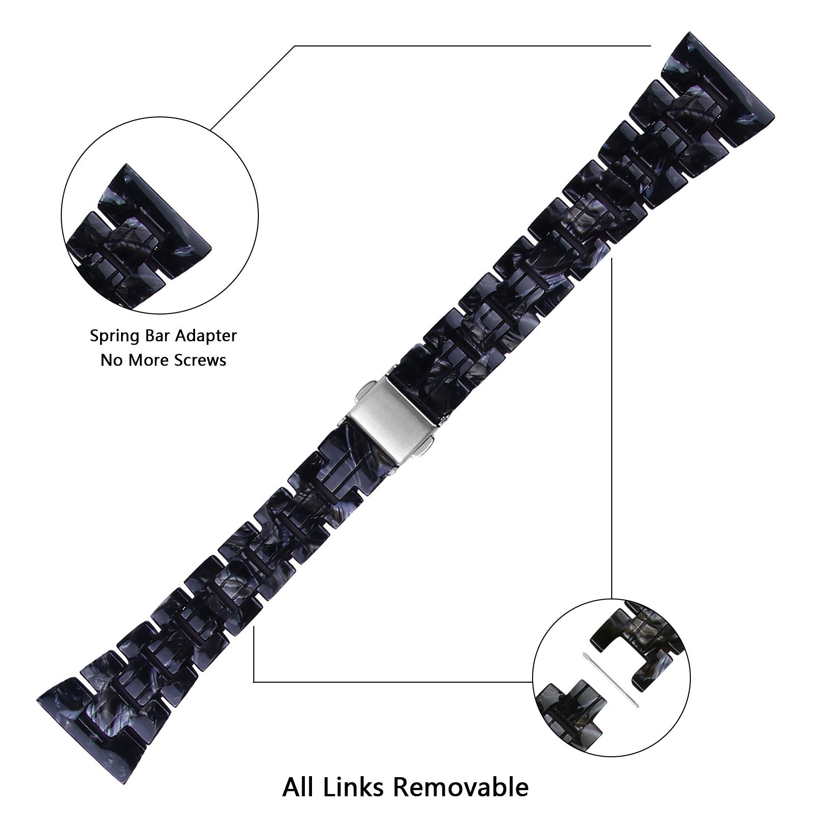 Schwarzes Uhrenarmband mit abnehmbaren Gliedern, Federstegadapter und ohne Schrauben. Details sind in Kreisen hervorgehoben.
