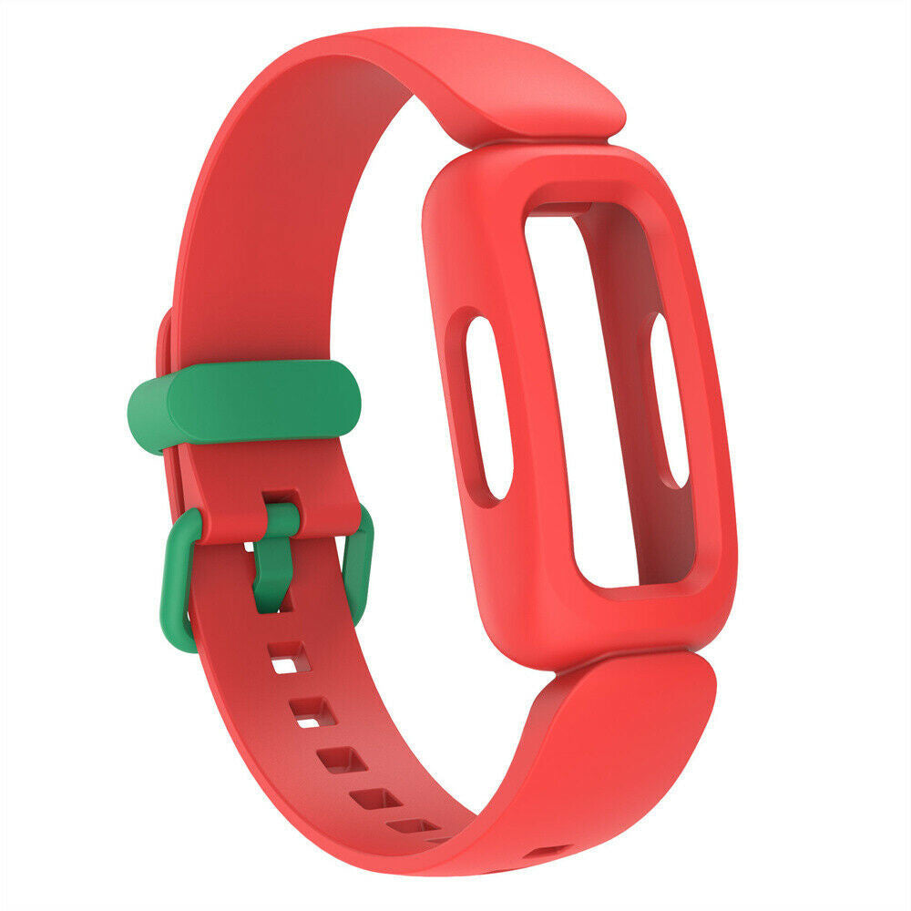 Ein rot-grünes Uhrenarmband. Das Band ist rot mit einer grünen Schnalle und Halterung. Am Armband befinden sich Löcher zur Anpassung.