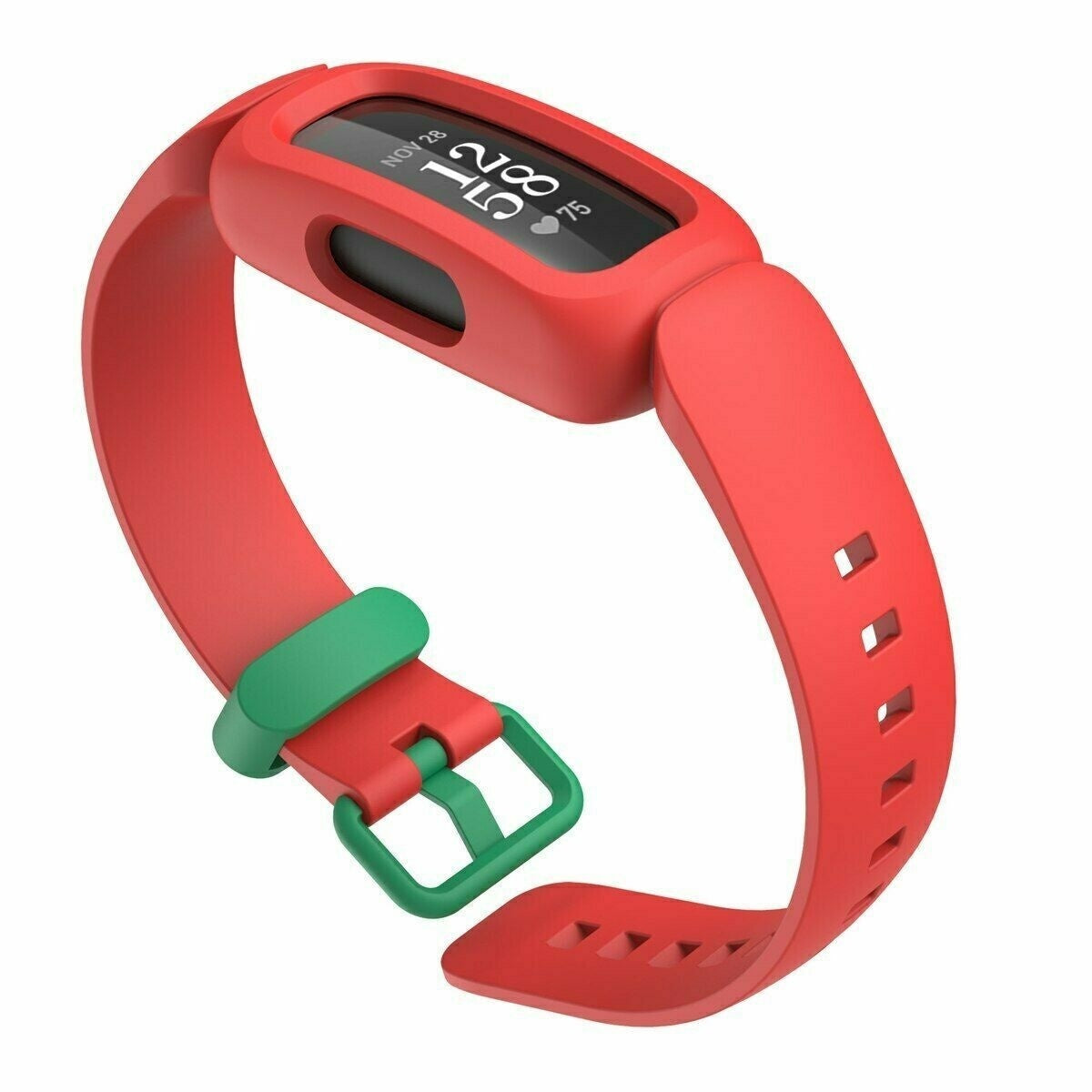 Rote Fitness-Tracker-Uhr mit schwarzem Bildschirm, der Datum, Uhrzeit und Herzfrequenz anzeigt. Grüne Schnalle und Armbanddetail. Weißer Hintergrund.
