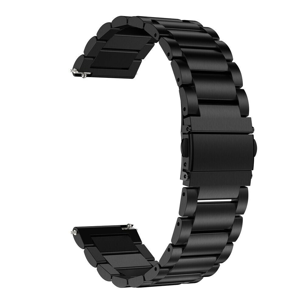 Ein schwarzes Metallarmband liegt auf weißem Grund. Das Band ist gebogen und zeigt Struktur und Verschluss.