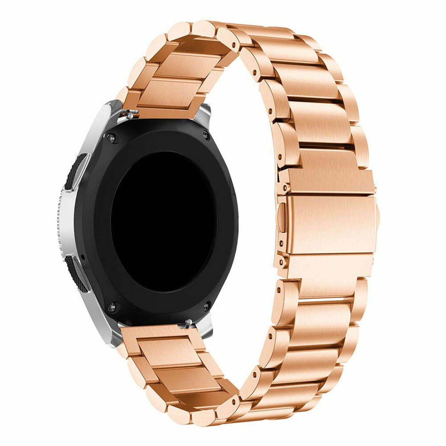 Eine roségoldene Smartwatch mit passendem Metallarmband. Das Zifferblatt ist schwarz und das Armband besteht aus Metallgliedern.