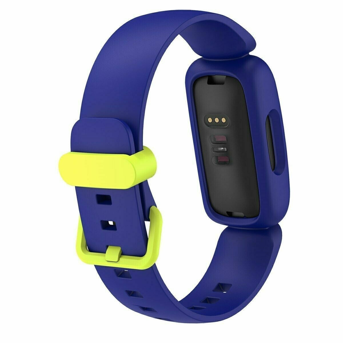 Eine blaue Smartwatch mit gelbem Verschluss. Die Uhr hat einen schwarzen Bildschirm mit drei Punkten auf weißem Hintergrund.