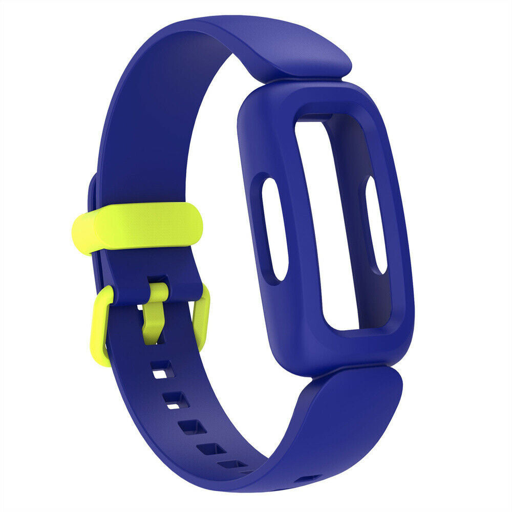Blaues Fitness-Tracker-Armband mit gelbem Verschluss. Das Armband ist gebogen und hat einen rechteckigen Abschnitt mit zwei Löchern.