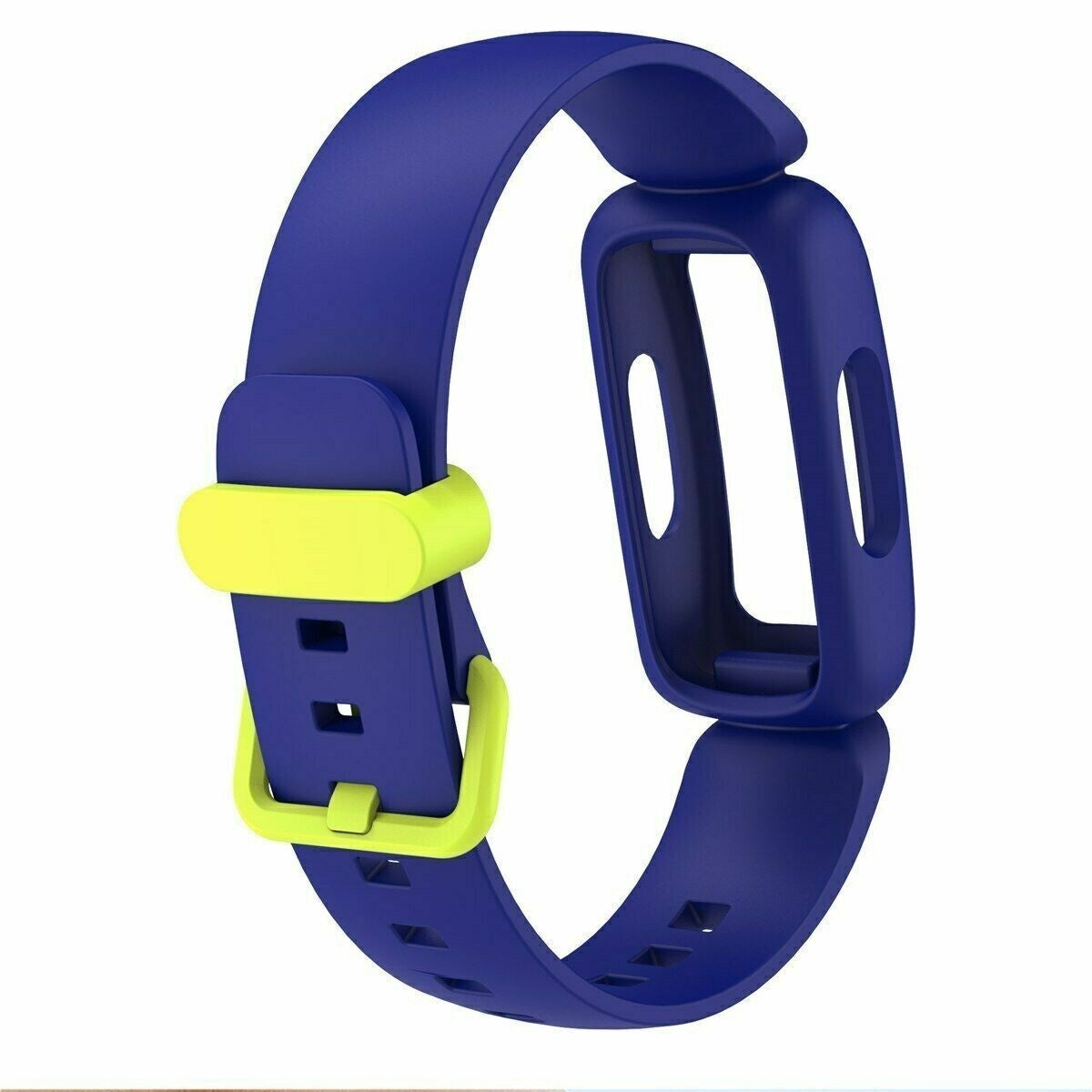 Ein blau-gelbes Fitness-Tracker-Armband. Das Armband ist blau mit einem gelben Verschluss. Der Tracker hat einen blauen Rahmen.