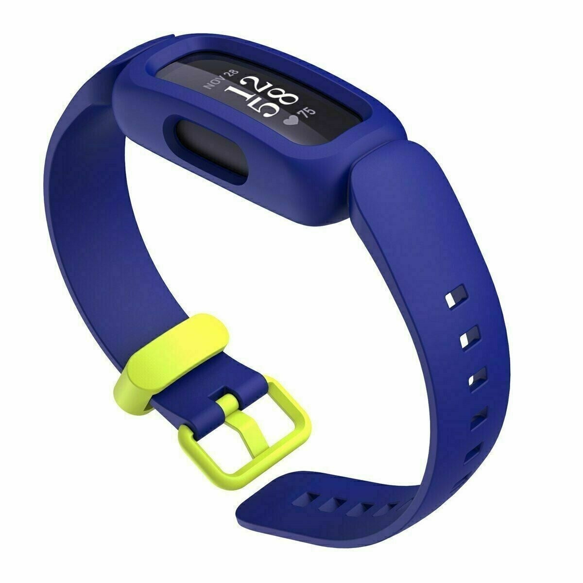 Ein blau-gelber Fitnesstracker. Der Bildschirm zeigt Datum und Uhrzeit. Das Armband ist blau und die Schnalle gelb.
