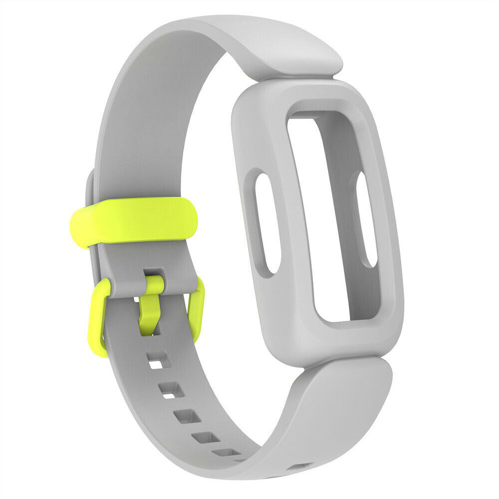 Ein graues und neongelbes Uhrenarmband. Das Armband hat eine Schnalle, Löcher und einen rechteckigen Uhrengehäusehalter.