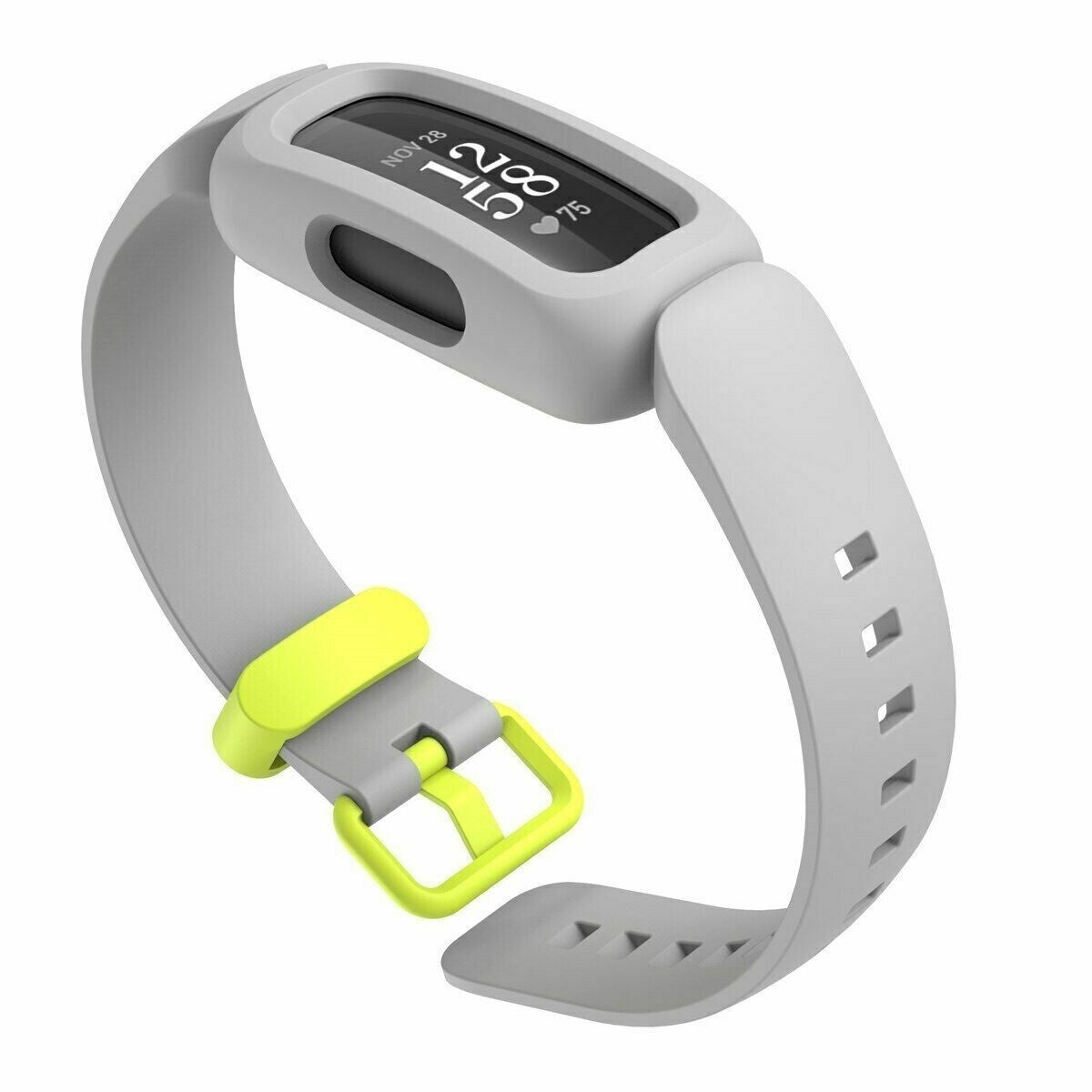Ein grauer Fitnesstracker mit gelber Schnalle. Der Bildschirm zeigt Uhrzeit und Datum an. Das Armband ist grau. Die Schnalle ist gelb.