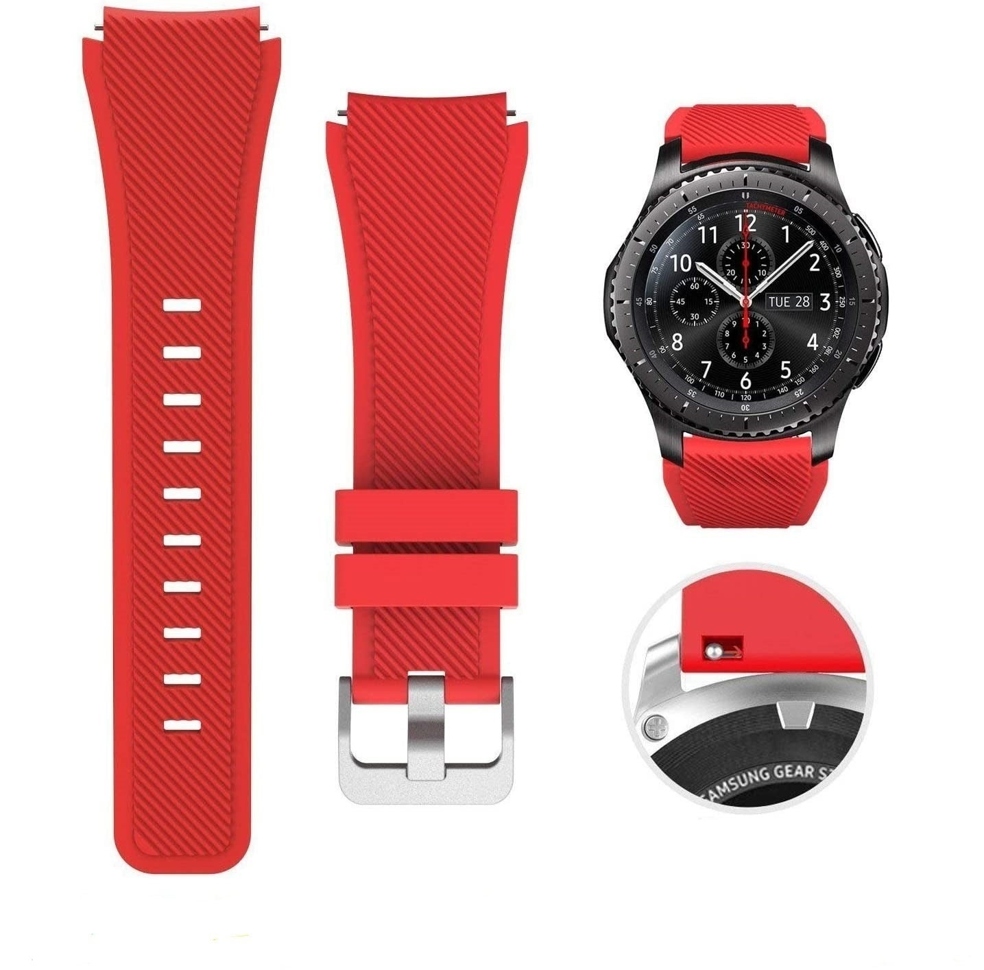 Ein rotes Uhrenarmband und eine schwarze Smartwatch mit rotem Armband werden angezeigt. Eine Nahaufnahme zeigt das Samsung Gear S Logo.