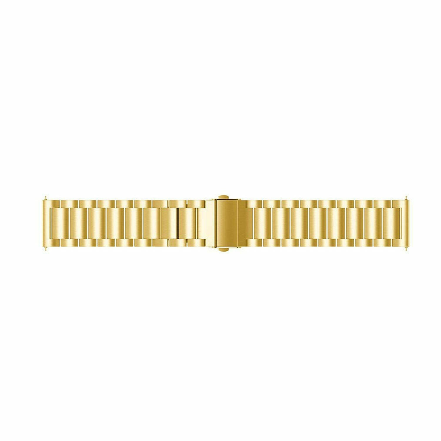 Ein goldfarbenes Metall-Uhrenarmband, bestehend aus rechteckigen Gliedern und einem Verschluss. Der Hintergrund ist schlicht weiß.