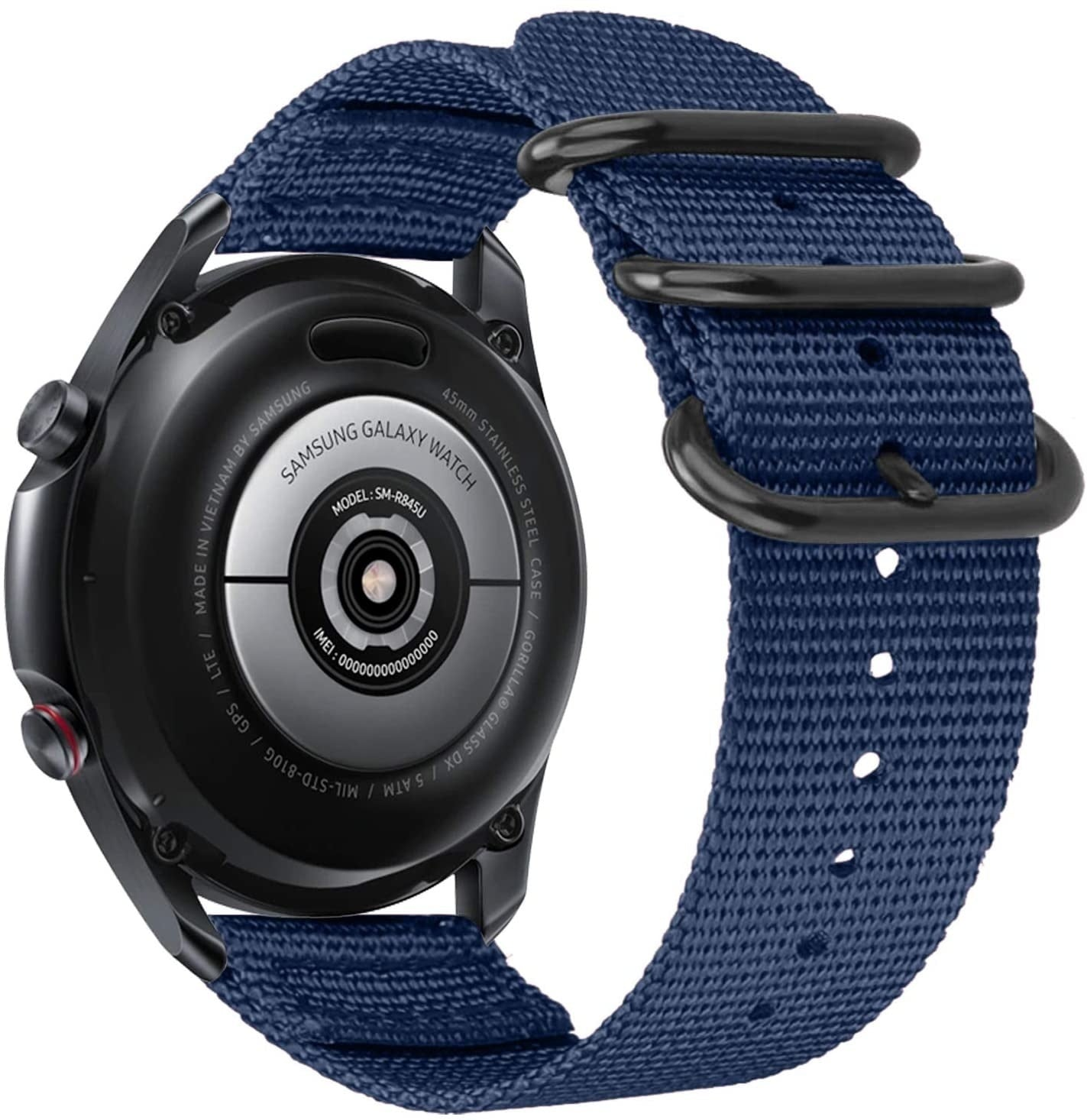 Schwarze Samsung Galaxy Watch mit blauem Nylonarmband, schwarzen Schnallen. Die Rückseite der Uhr ist sichtbar und zeigt Modelldetails.