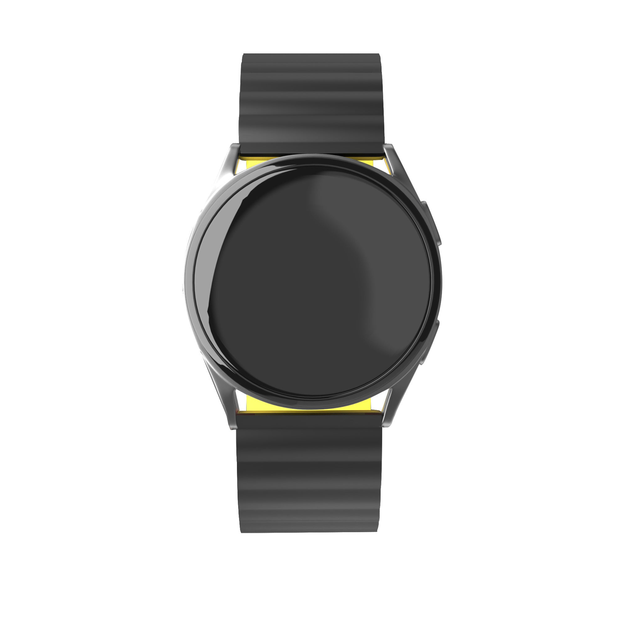Eine schwarze Smartwatch mit rundem Zifferblatt und schwarzem Armband ist vor weißem Hintergrund zentriert.