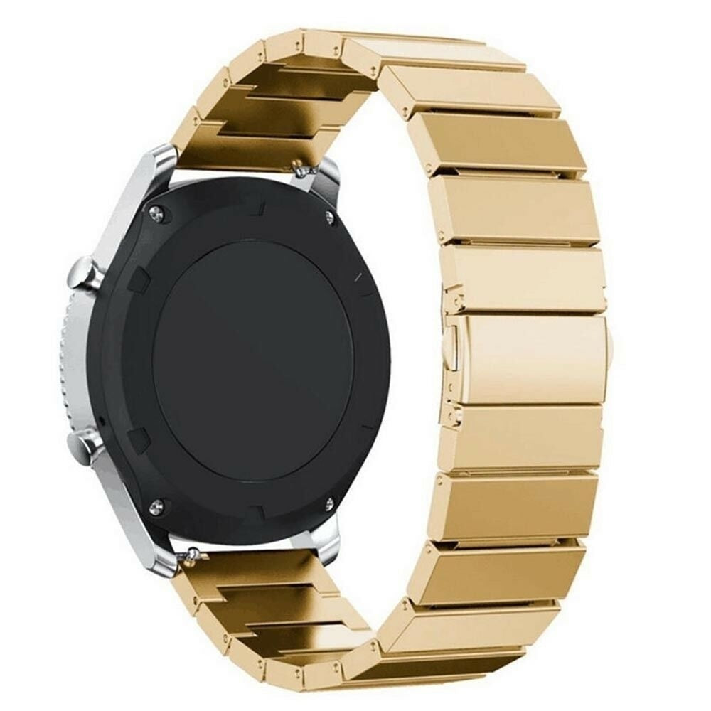 Goldene Smartwatch mit schwarzem Bildschirm und goldenem Metallarmband. Die Uhr befindet sich auf weißem Hintergrund. Die Rückseite der Uhr ist sichtbar.