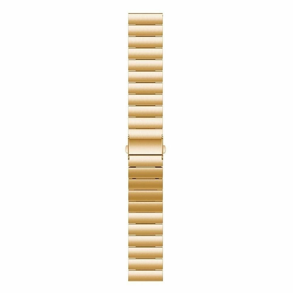 Ein goldenes Uhrenarmband ist vor weißem Hintergrund zentriert. Es besteht aus rechteckigen Gliedern und hat einen Verschluss.