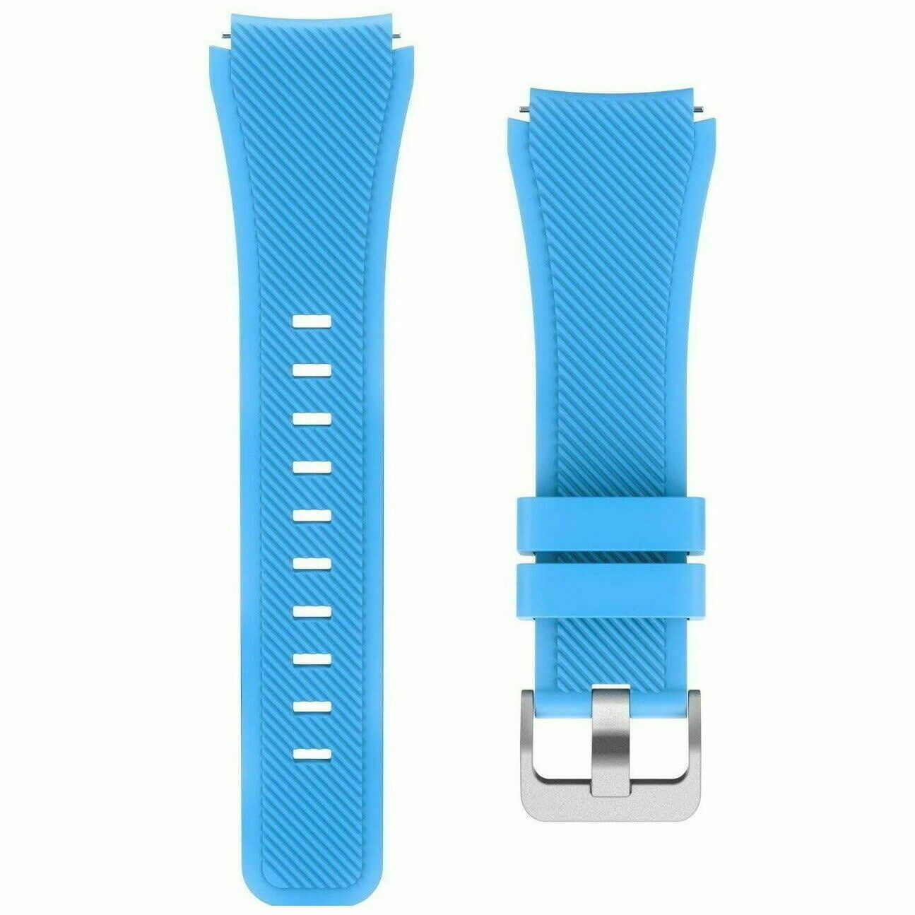 Zwei blaue Armbänder. Ein Armband hat eine Schnalle. Beide Armbänder sind mit diagonalen Linien strukturiert. Weißer Hintergrund.