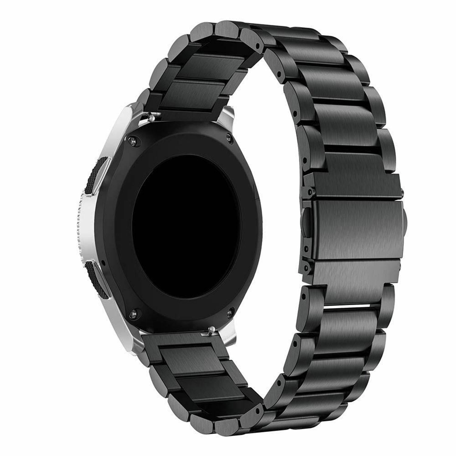 Schwarze Smartwatch mit Metallarmband. Das Zifferblatt ist schwarz. Das Armband besteht aus verbundenen, rechteckigen, schwarzen Metallsegmenten.