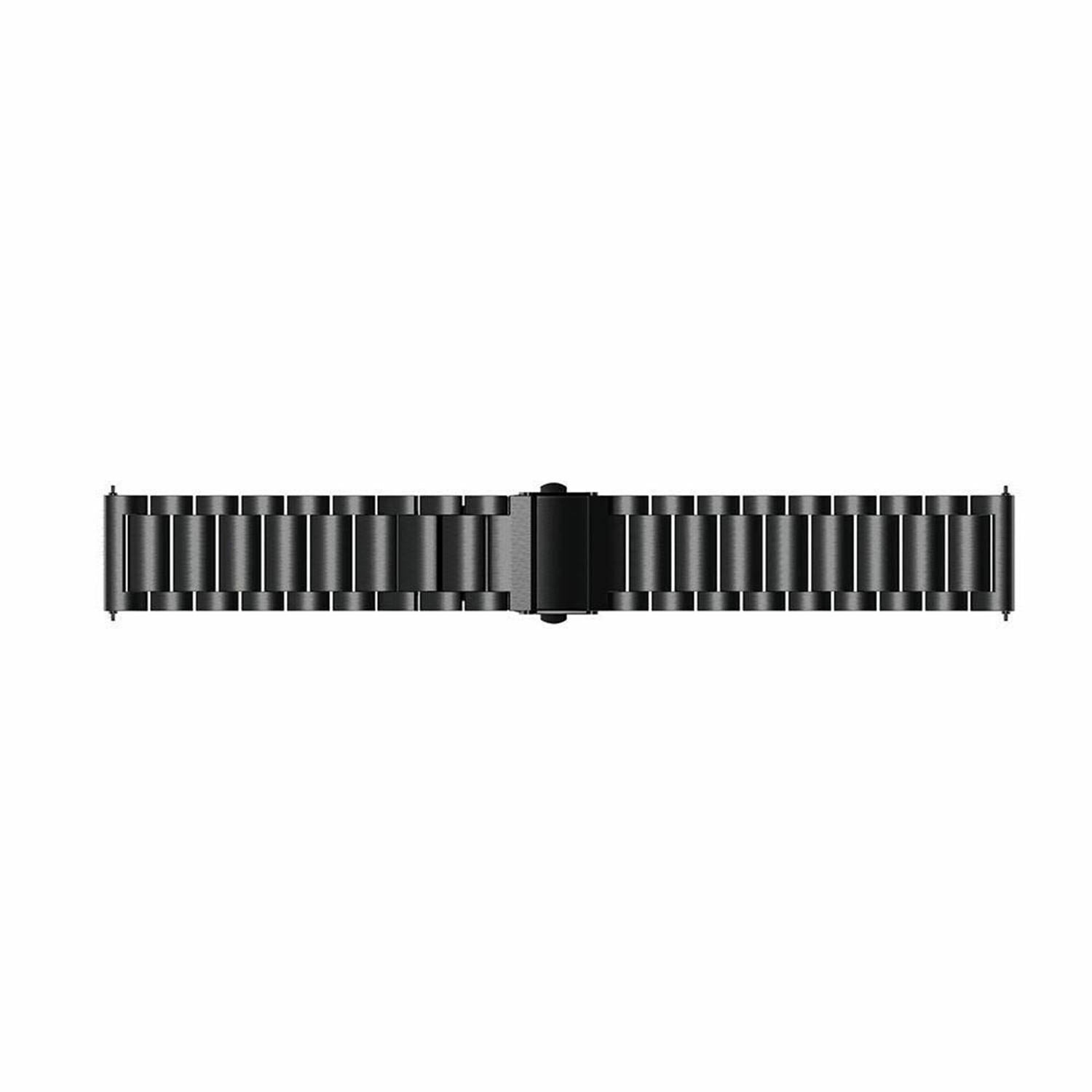 Ein schwarzes Metallarmband ist vor weißem Hintergrund zentriert. Es hat eine Schnalle in der Mitte und Glieder auf beiden Seiten.