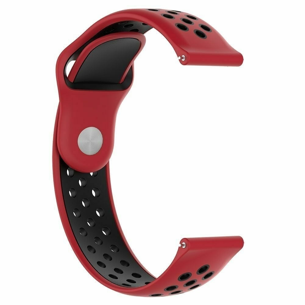 Rotes und schwarzes Uhrenarmband. Rote Außenseite mit schwarzer Innenseite und Perforationen. Silberner Knopf. C-Form auf weißem Hintergrund.
