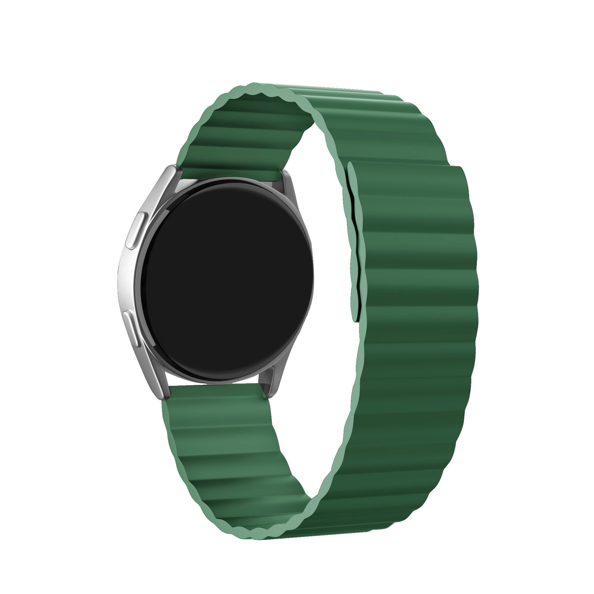 Eine silberne Smartwatch mit schwarzem Bildschirm und grünem Magnetband wird vor weißem Hintergrund gezeigt.