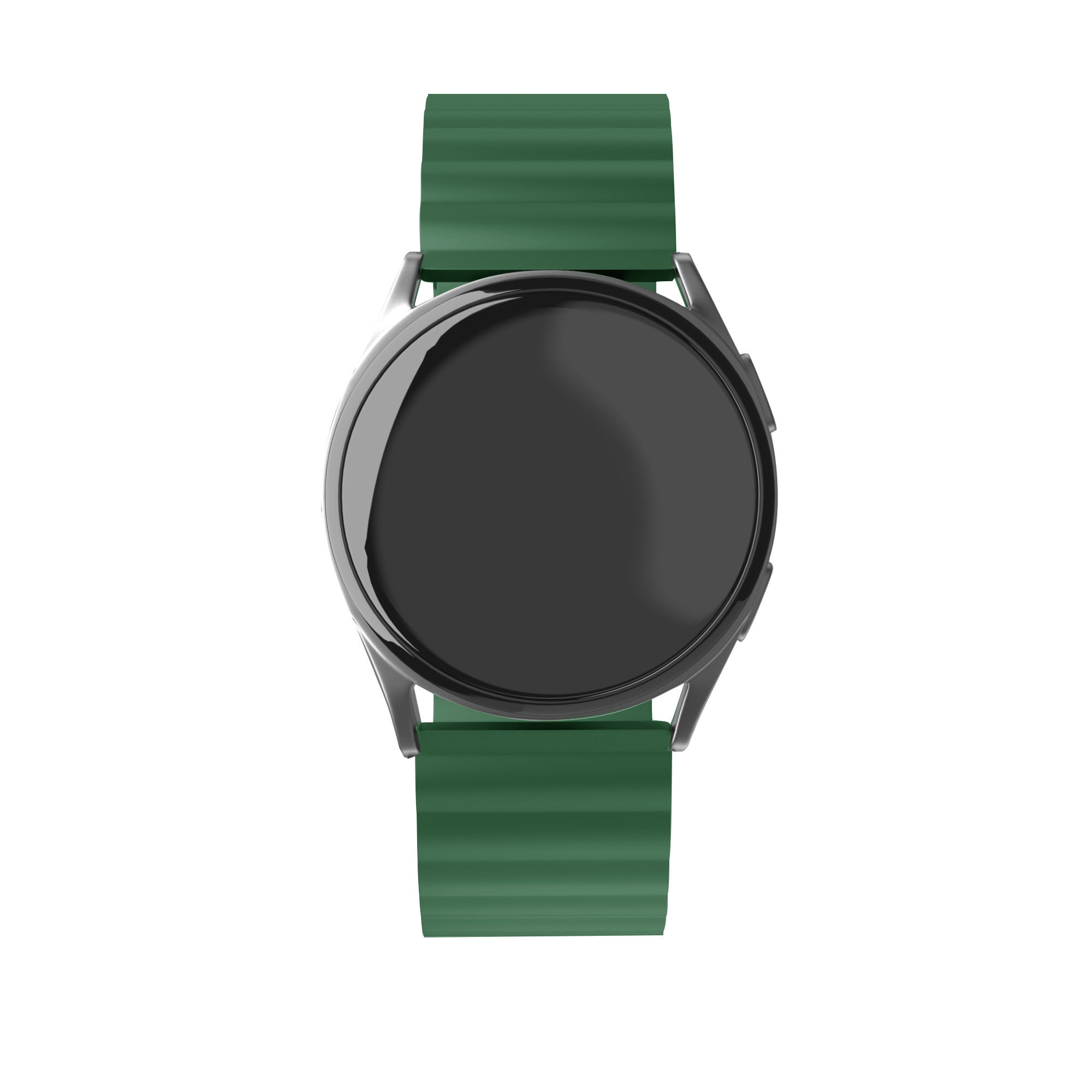 Eine Smartwatch mit schwarzem Bildschirm und grünem Armband. Die Uhr ist auf weißem Hintergrund zentriert.