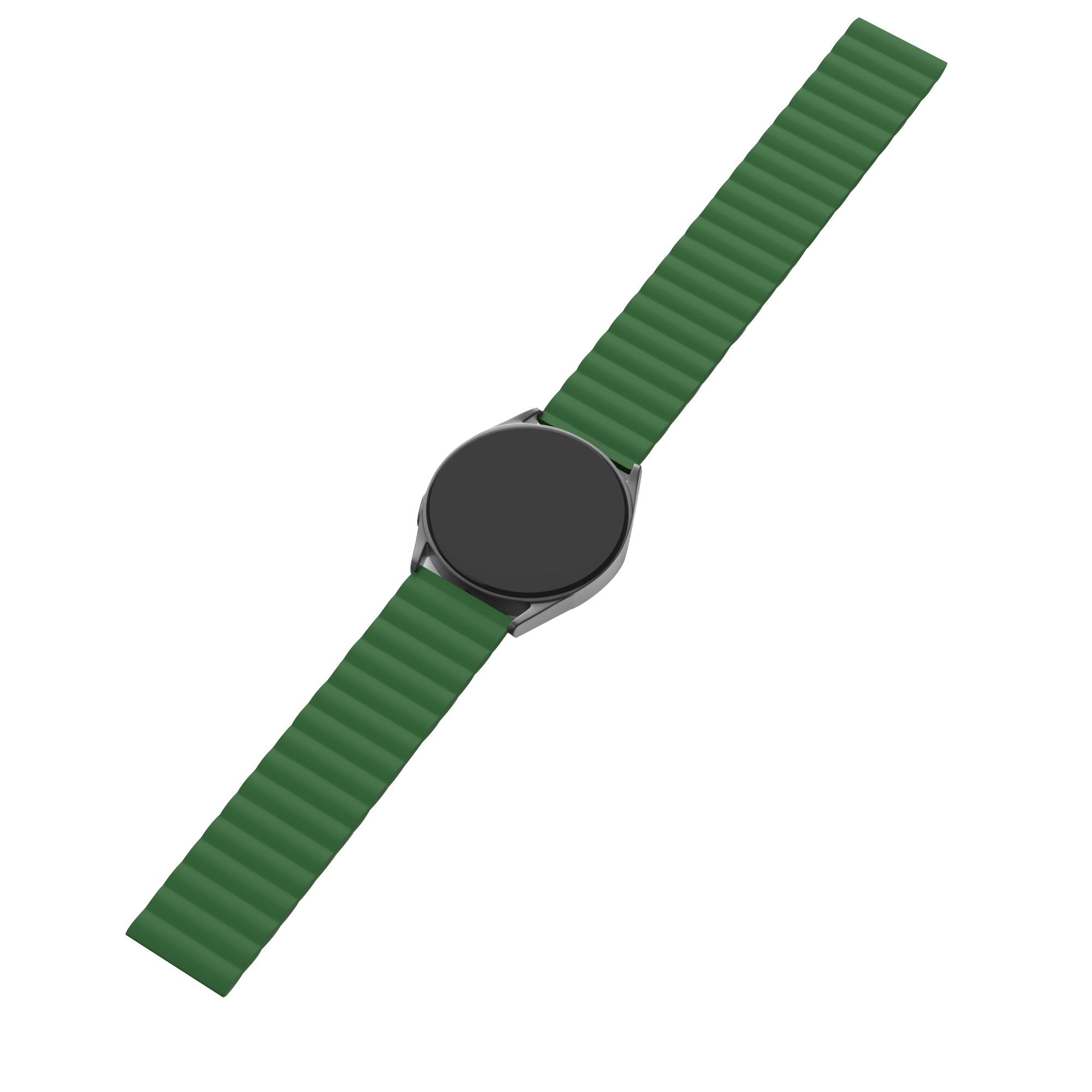 Eine Smartwatch mit schwarzem, rundem Bildschirm und grünem Armband auf weißem Hintergrund. Das Armband hat ein geriffeltes Design.