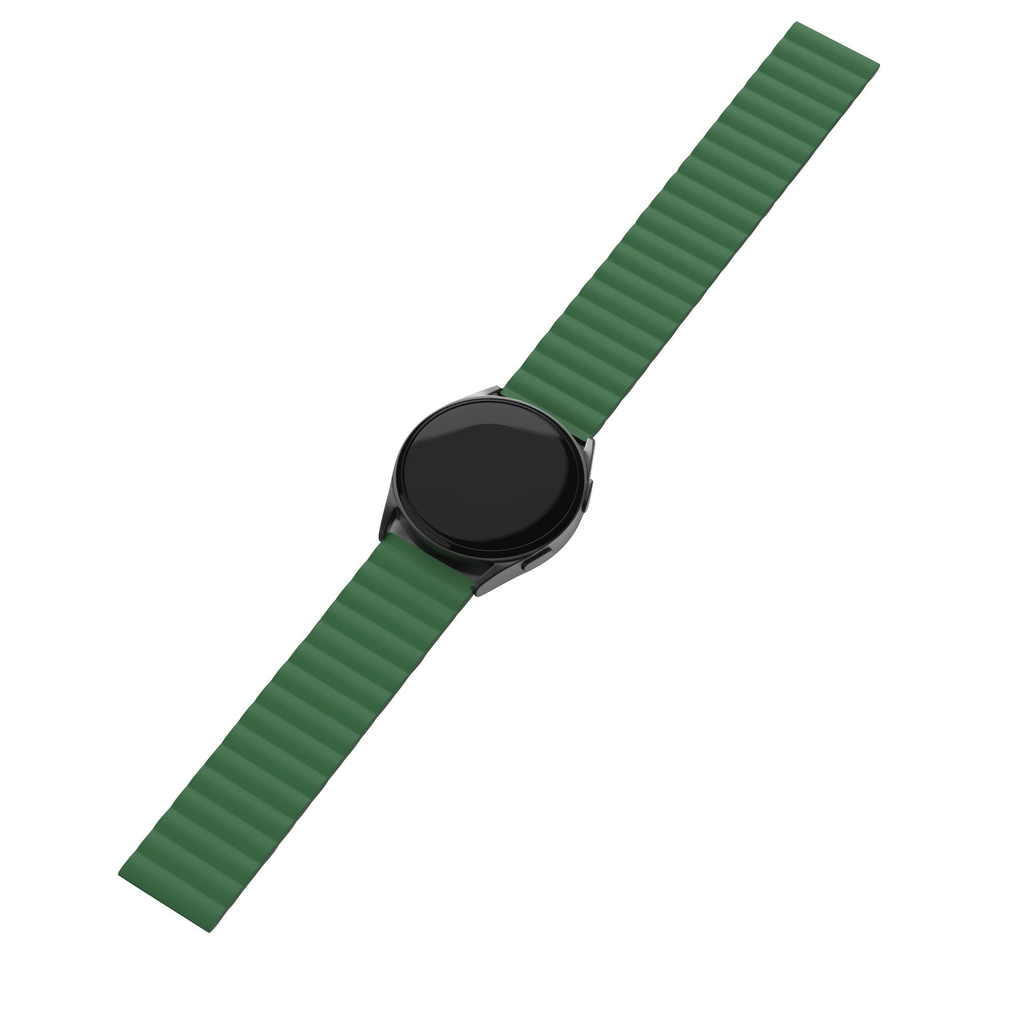 Eine schwarze Smartwatch mit grünem Armband liegt diagonal auf weißem Hintergrund.
