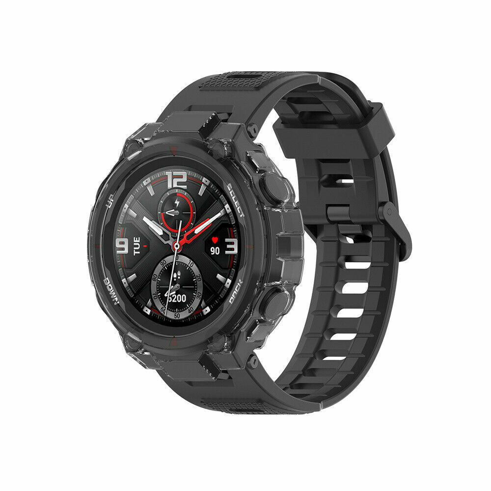 Eine schwarze Smartwatch mit rundem Zifferblatt, die Zahlen und Anzeigen zeigt. Es hat ein schwarzes Armband. Der Hintergrund ist weiß.