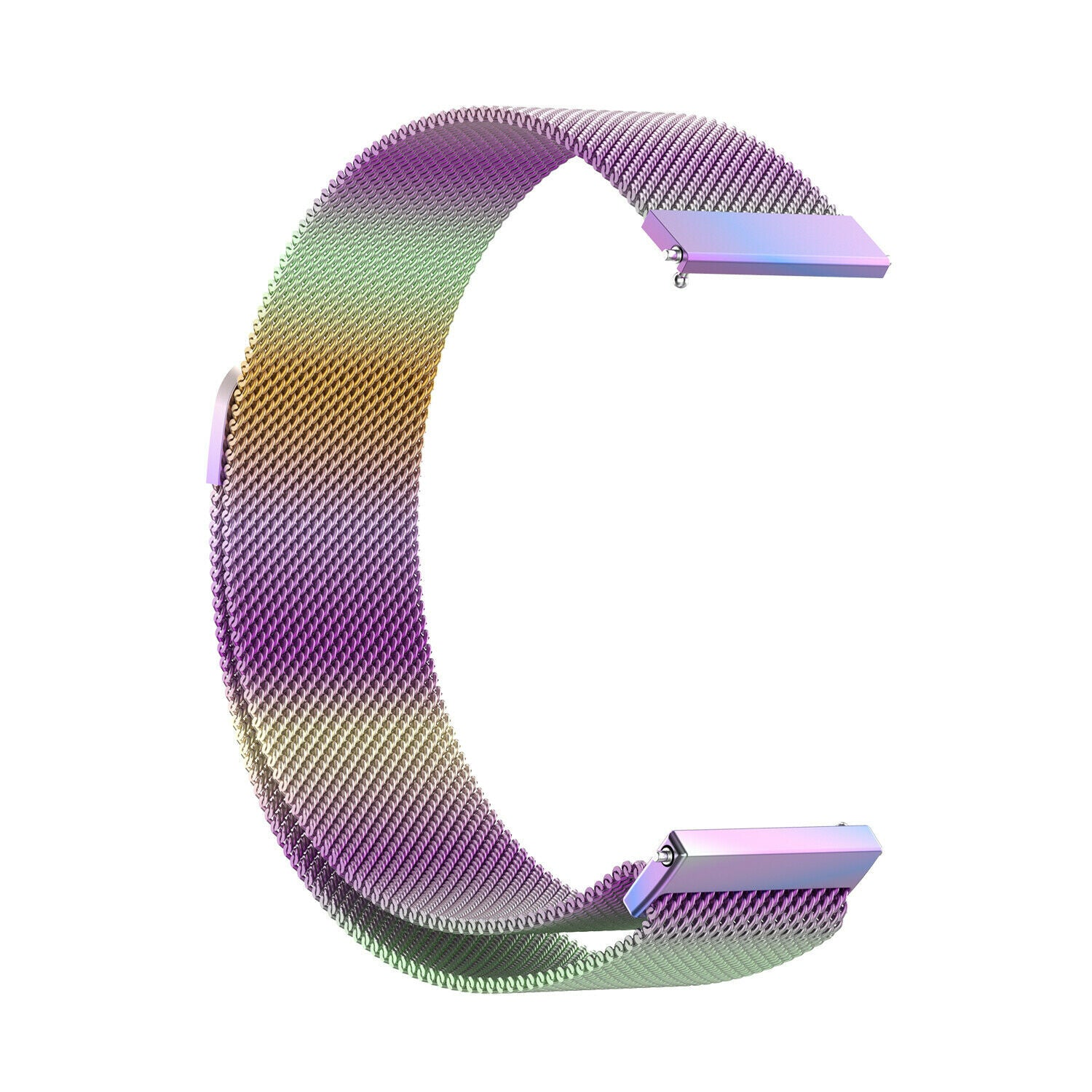 Ein Armband in C-Form. Das Armband besteht aus einem metallischen Netz mit Farbverlauf. Die Enden sind rechteckig.