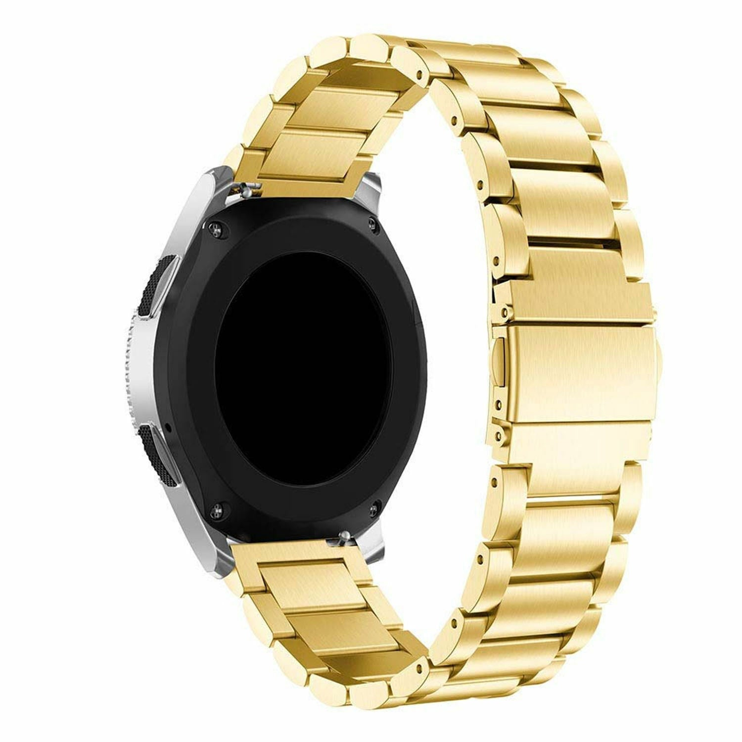 Eine goldene Uhr mit schwarzem Bildschirm und goldenem Armband wird vor weißem Hintergrund gezeigt. Die Uhr hat eine runde Form.