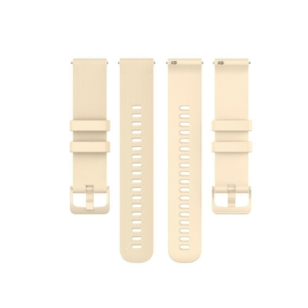Vier beige Uhrenarmbänder sind angeordnet. Zwei sind komplett, mit Schnallen. Zwei sind Bandteile. Alle auf weißem Hintergrund.