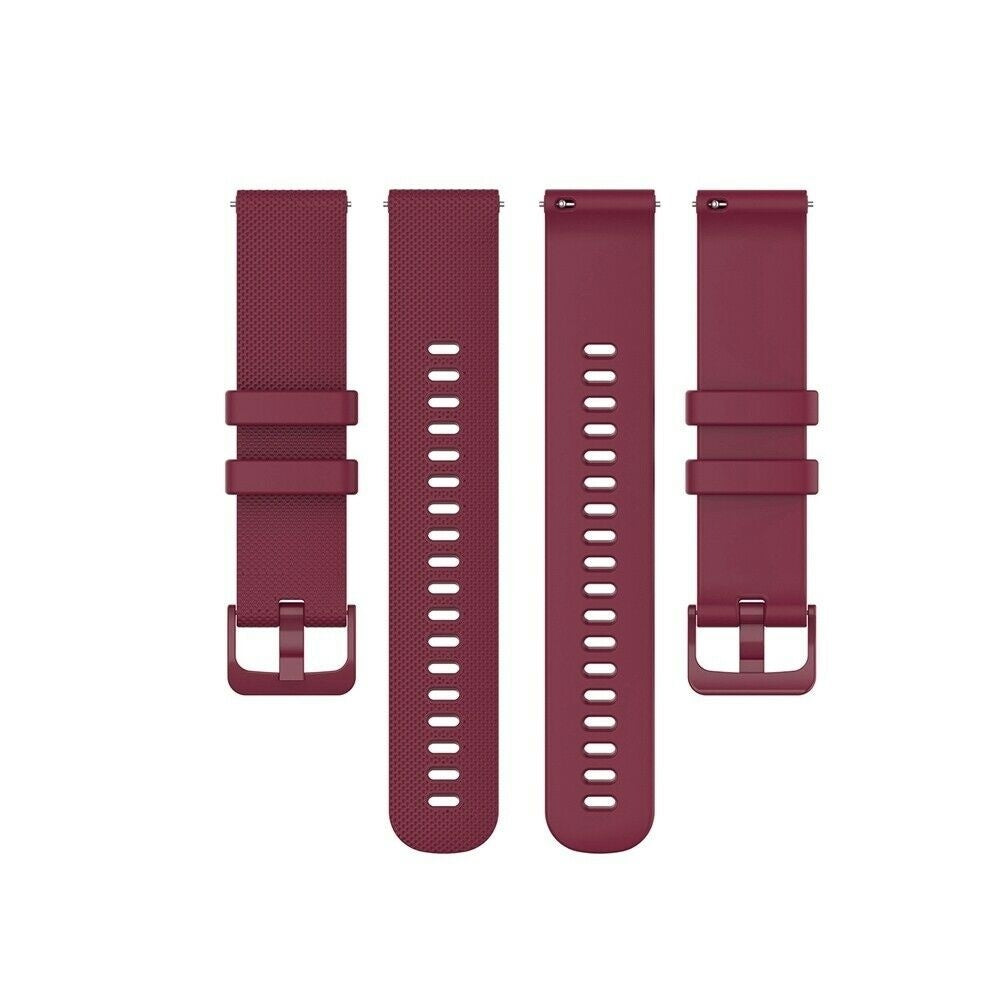 Vier weinrote Uhrenarmbänder sind vertikal angeordnet. Jedes Band hat Löcher und eine Schnalle. Weißer Hintergrund.