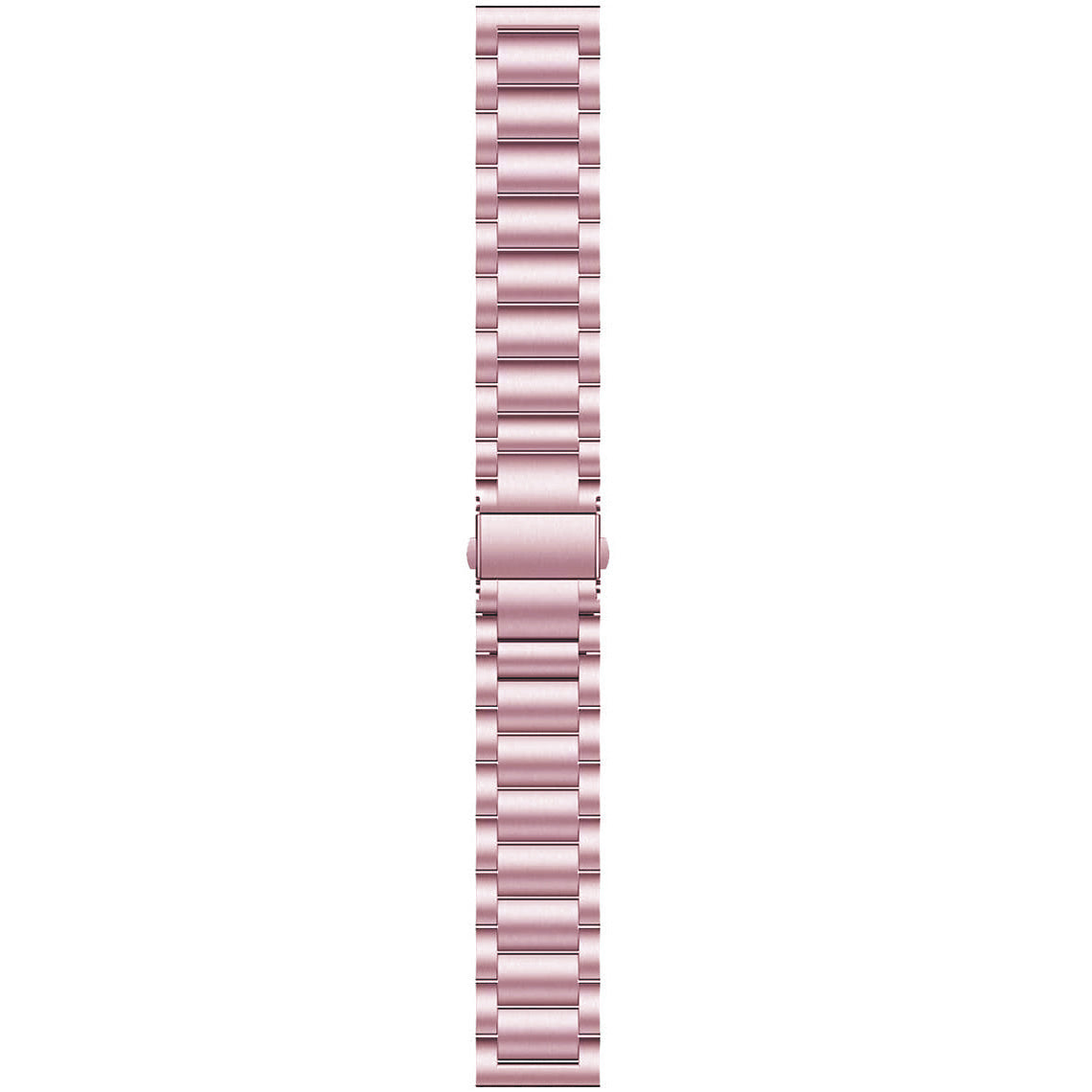 Ein roségoldenes Metallarmband liegt vertikal. Es besteht aus rechteckigen, verbundenen Gliedern und einem Verschluss in der Mitte.
