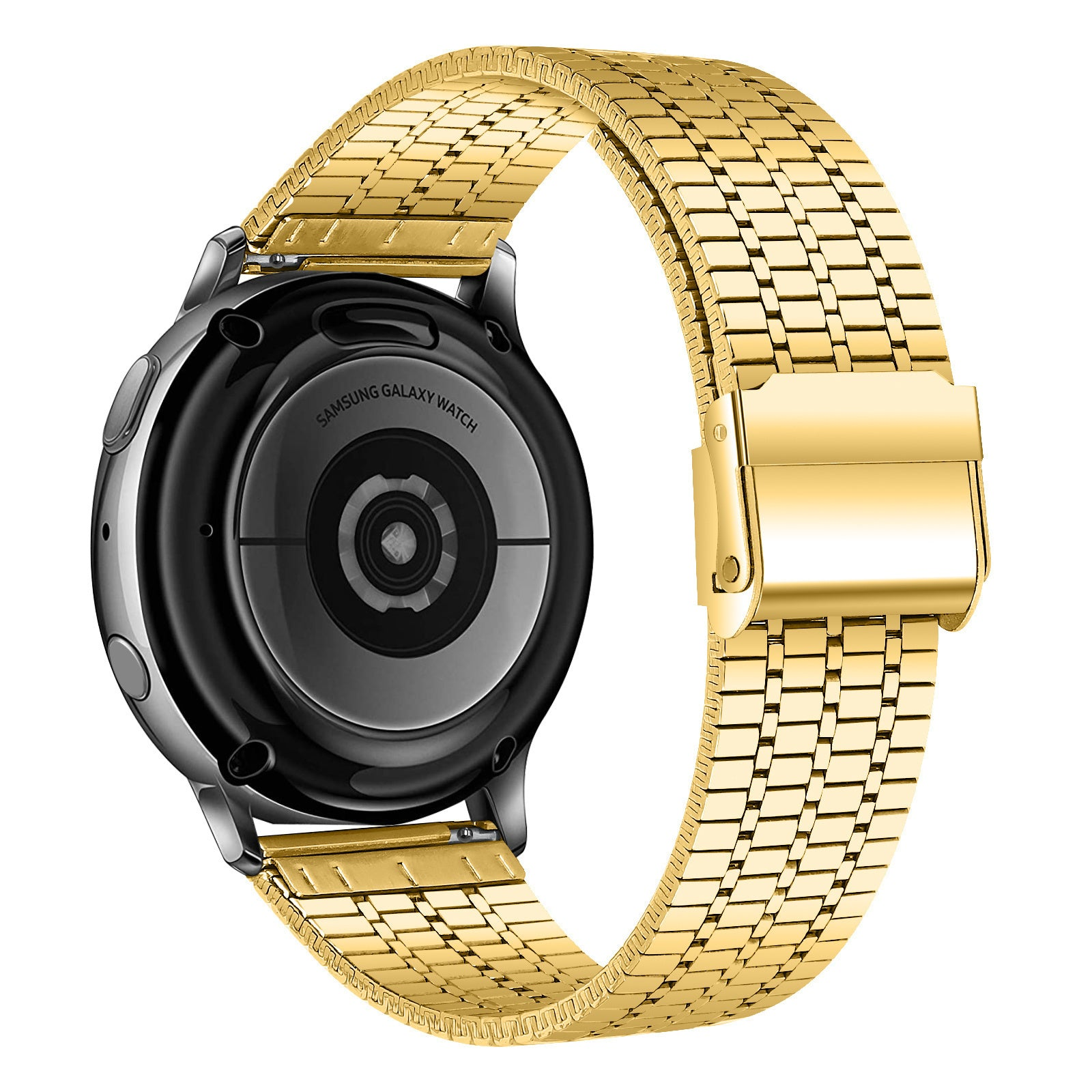 Goldene Uhr mit Metallarmband. Die Uhr ist schwarz und trägt die Aufschrift Samsung Galaxy Watch.