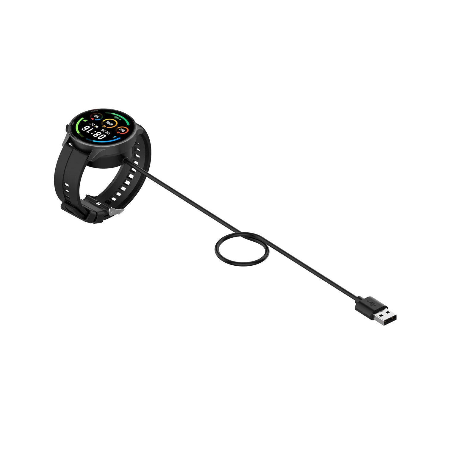 Schwarze Smartwatch mit Ladekabel. Die Uhr zeigt Zeit und Gesundheitsdaten an. Das Kabel hat einen USB-Anschluss.