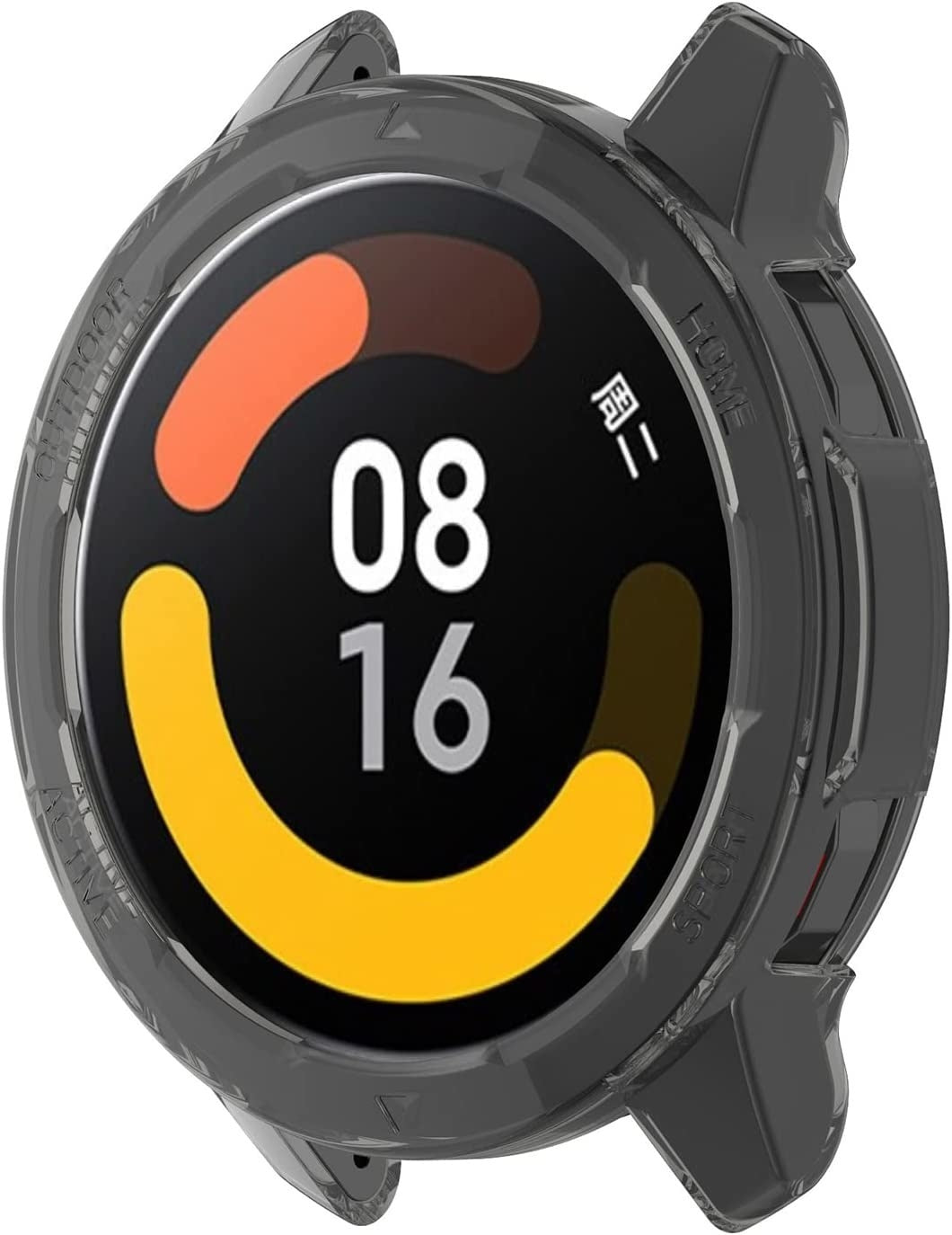 Eine Smartwatch mit schwarzer Lünette zeigt 08:16 an. Sie hat orange und gelbe Segmente um den schwarzen Bildschirm. Knöpfe und Text sind sichtbar.