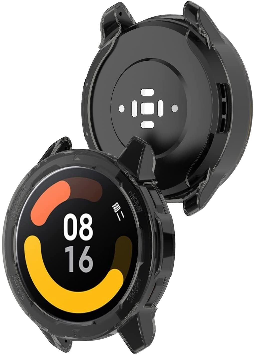 Zwei schwarze Smartwatches. Eine zeigt 08:16, die andere die Rückseite mit Sensoren. Beide sind in Schutzhüllen.