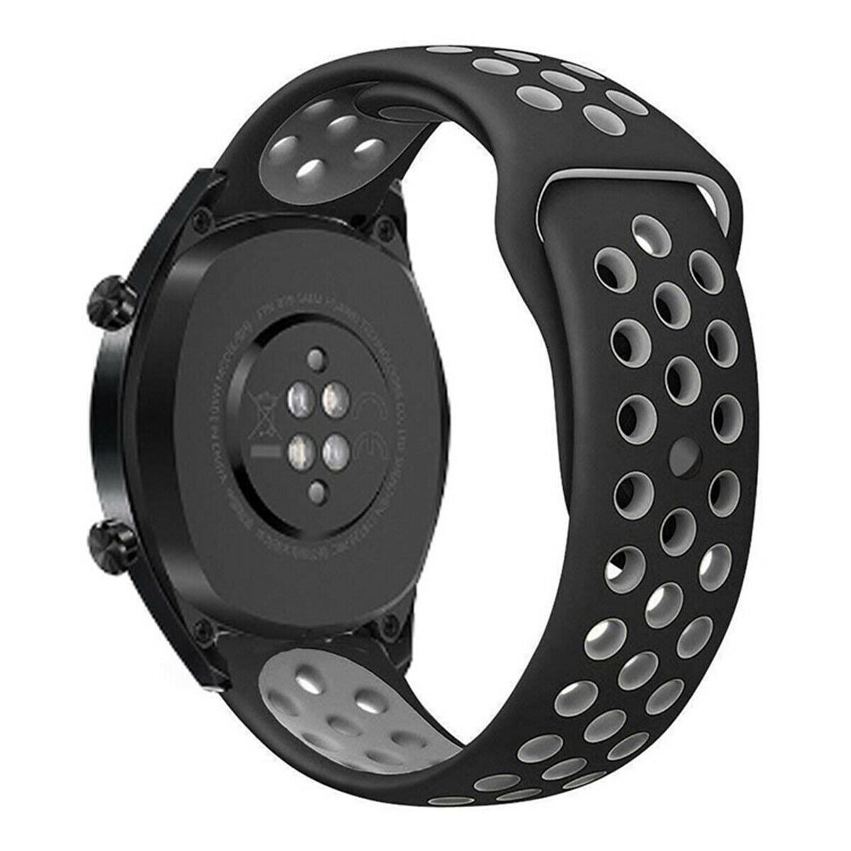Schwarze Smartwatch mit schwarzem und grauem perforiertem Armband. Das Zifferblatt ist schwarz, mit Knöpfen an der Seite.