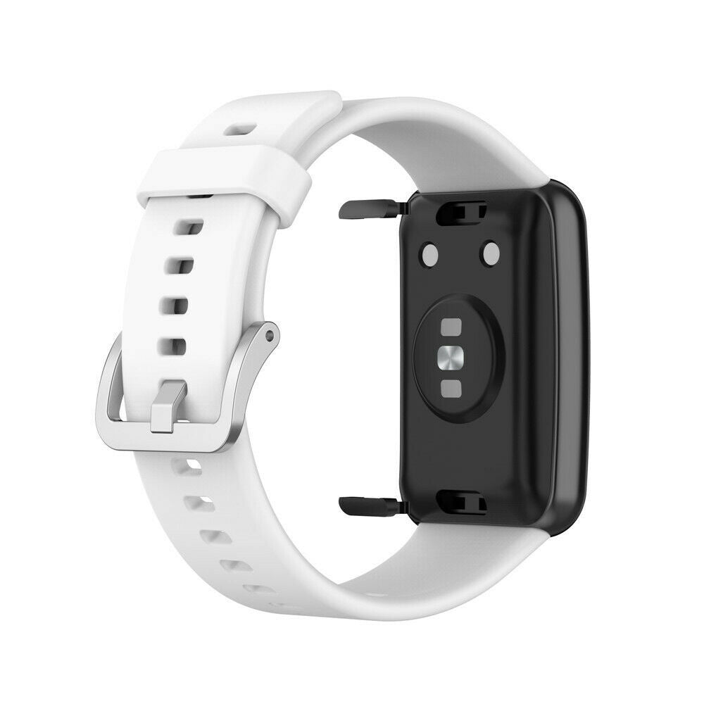 Eine weiße und schwarze Smartwatch wird angezeigt. Das Armband ist weiß mit einer silbernen Schließe. Das Zifferblatt ist schwarz.