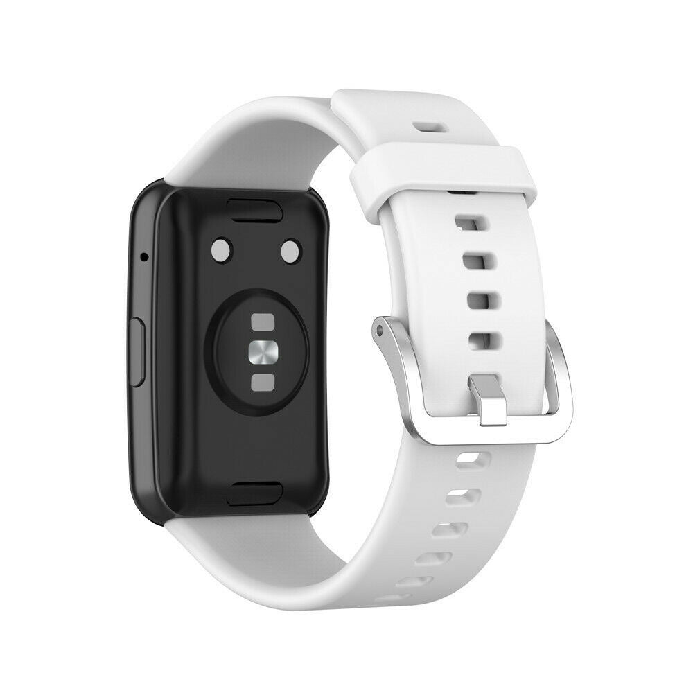 Eine weiße Smartwatch mit schwarzem Zifferblatt. Das Armband ist weiß und die Schnalle silberfarben. Die Uhr befindet sich auf weißem Hintergrund.