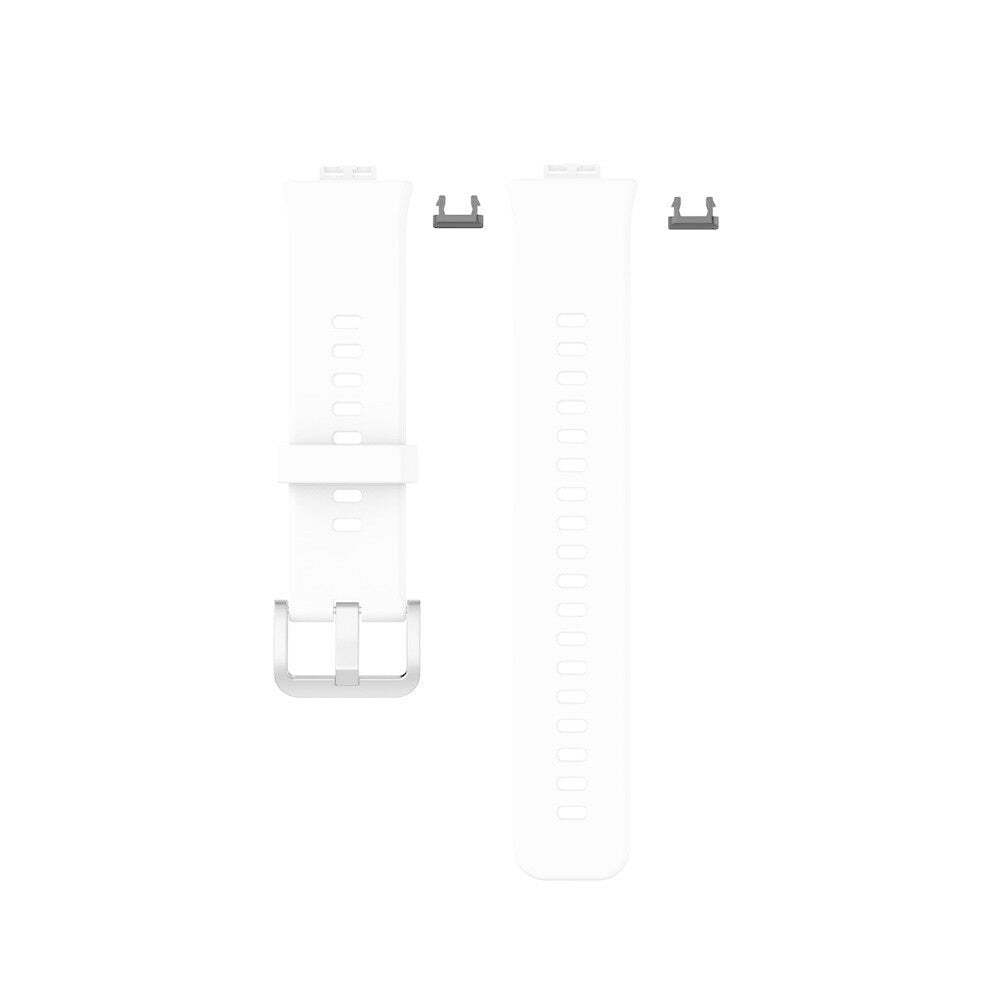 Zwei weiße Uhrenarmbänder und zwei Befestigungsteile liegen auf einer weißen Oberfläche. Ein Armband hat eine Schnalle und Löcher.