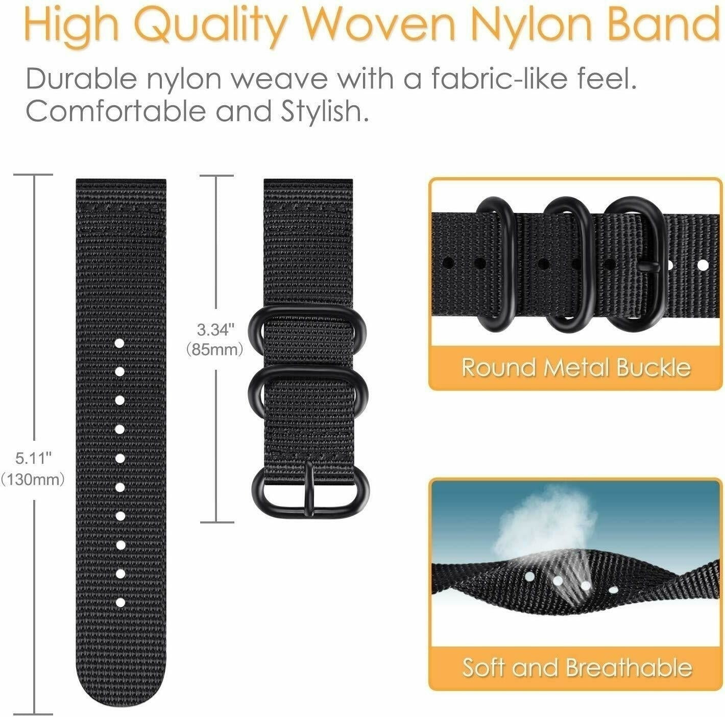 Schwarze Nylon-Uhrenarmbandteile. Zeigt Abmessungen, Schnalle und Text: 'High Quality Woven Nylon Band', 'Soft and Breathable'.
