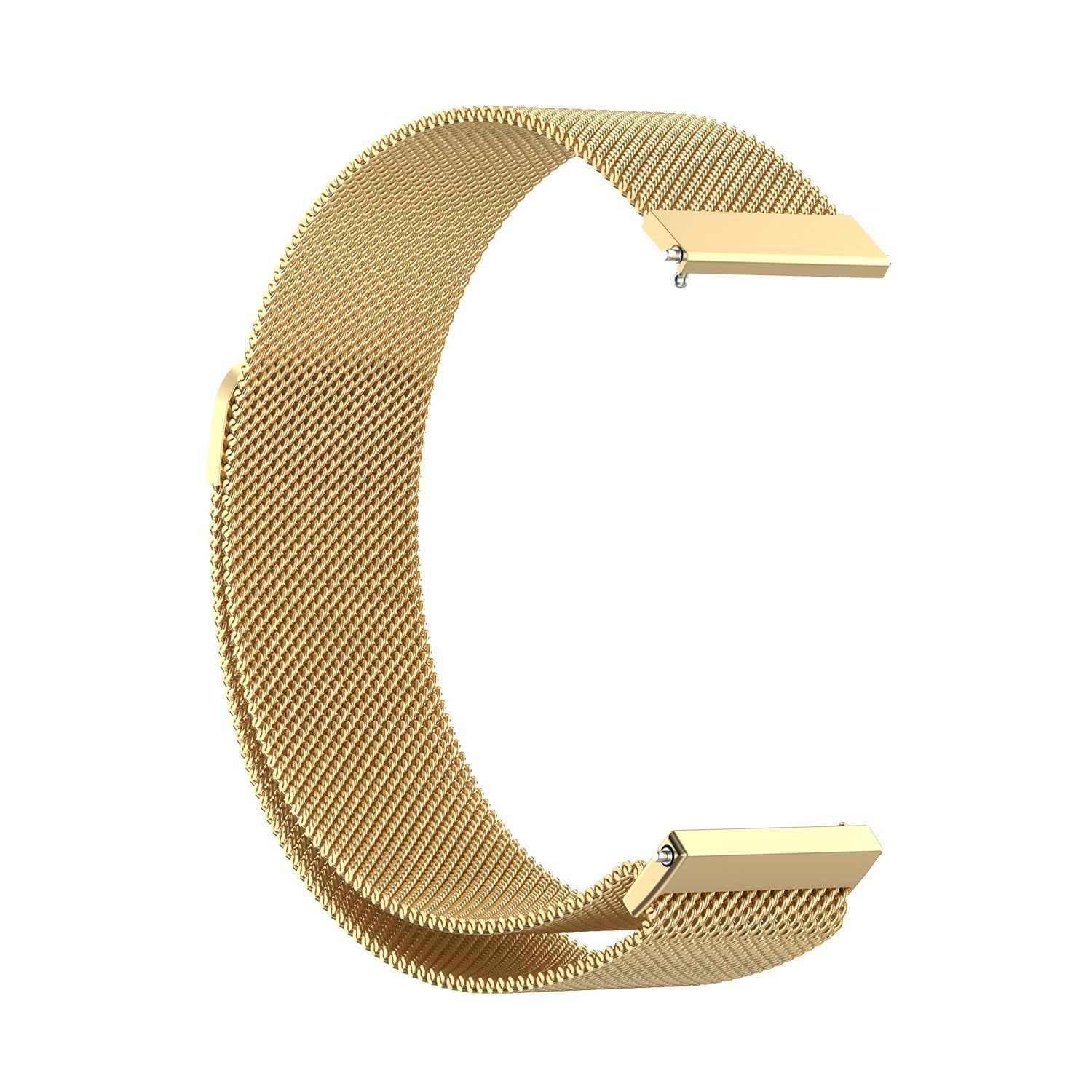 Ein goldfarbenes metallisches Uhrenarmband in 'C'-Form. Es hat ein Maschendesign mit rechteckigen Verschlüssen an beiden Enden, vor weißem Hintergrund.