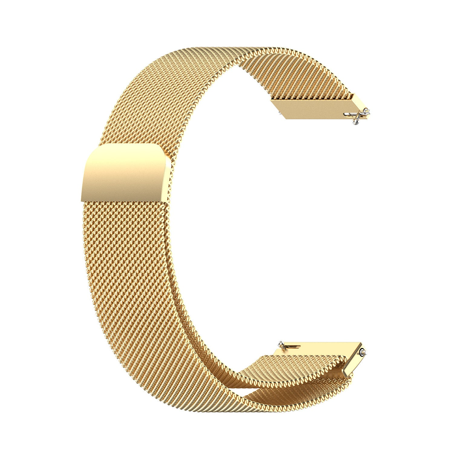 Ein goldfarbenes Uhrenarmband in C-Form aus Mesh-Material. Es hat einen Verschluss und Befestigungen zum Anschließen an eine Uhr.