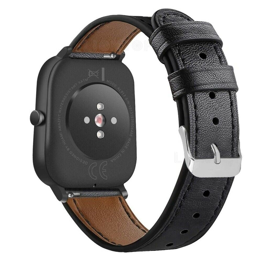Schwarze Smartwatch mit Lederarmband, Rückseite mit Sensoren und Details. Das Armband ist schwarz mit silberner Schnalle.