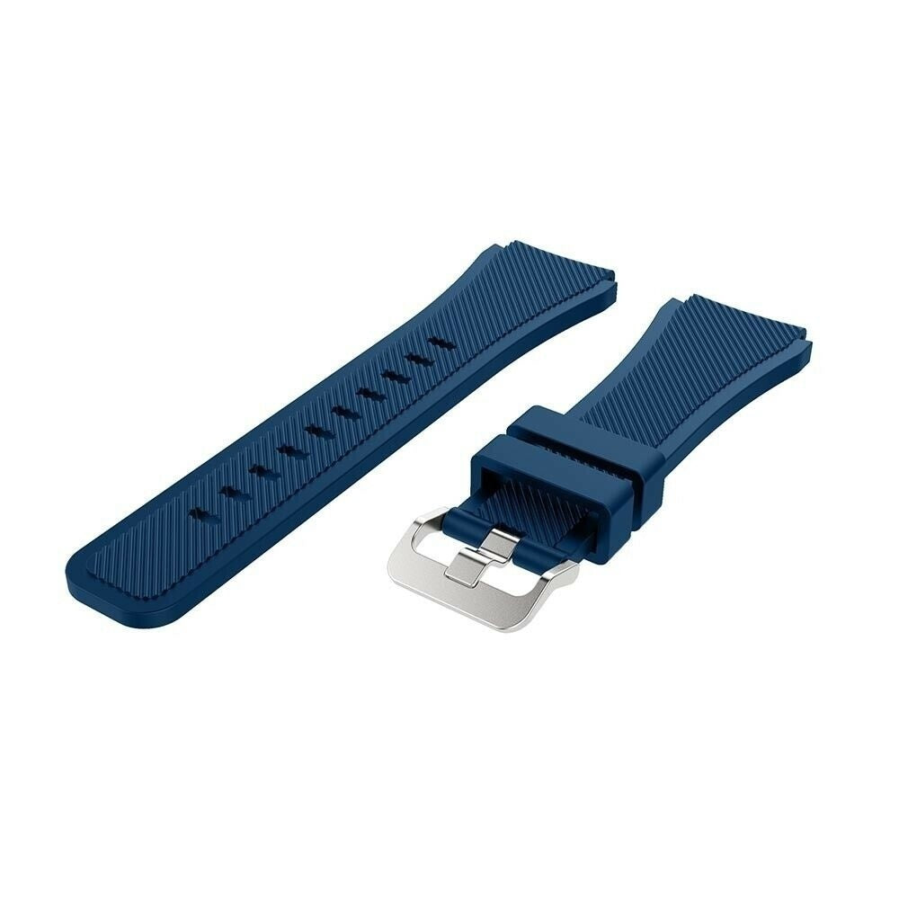 Ein blaues Uhrenarmband mit Metallschnalle liegt auf weißem Untergrund. Das Armband ist zweiteilig.