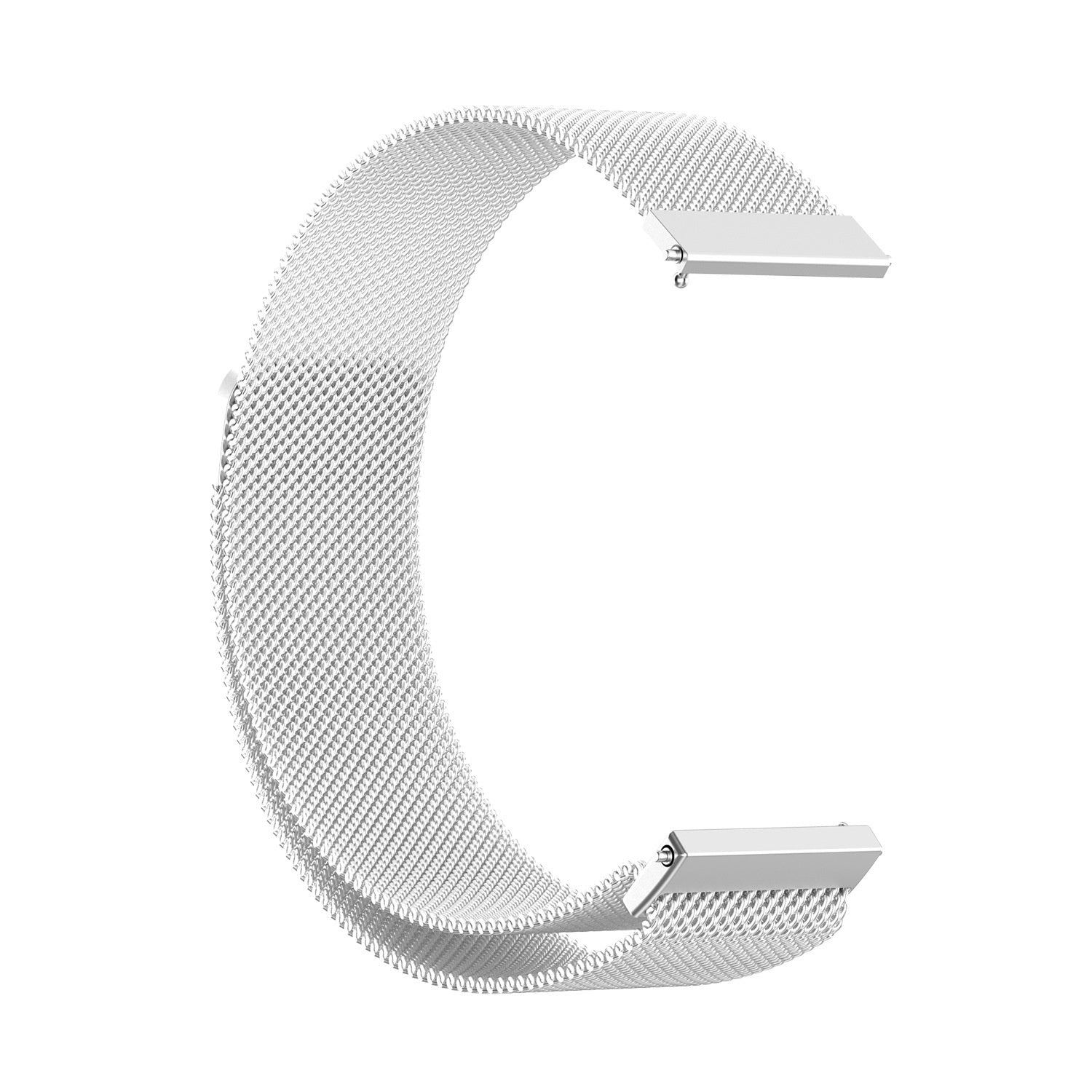 Ein silbernes Metall-Uhrenarmband, kurvenförmig. Es hat ein feines Mesh-Design mit rechteckigen Metallverbindern.