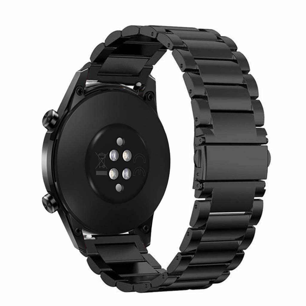 Eine schwarze Smartwatch mit Metallband. Die Rückseite zeigt Sensoren und Markierungen. Das Armband ist teilweise geöffnet und die Uhr ist angewinkelt.